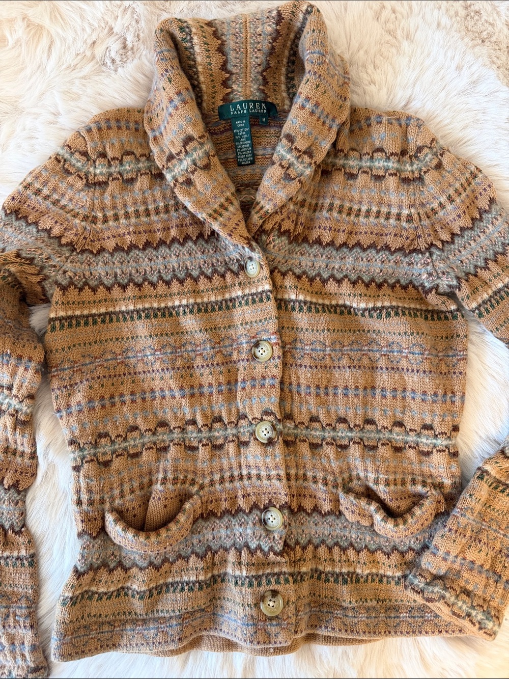 Lauren Ralph Lauren Cashmere blend Fair Isle Shawl-Collar Cardigan Shrunken to S